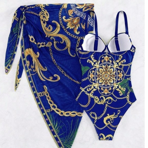 Contemporary Push Up One Piece Chain Print Swimsuit With Beach Skirt - Picture 3 of 7